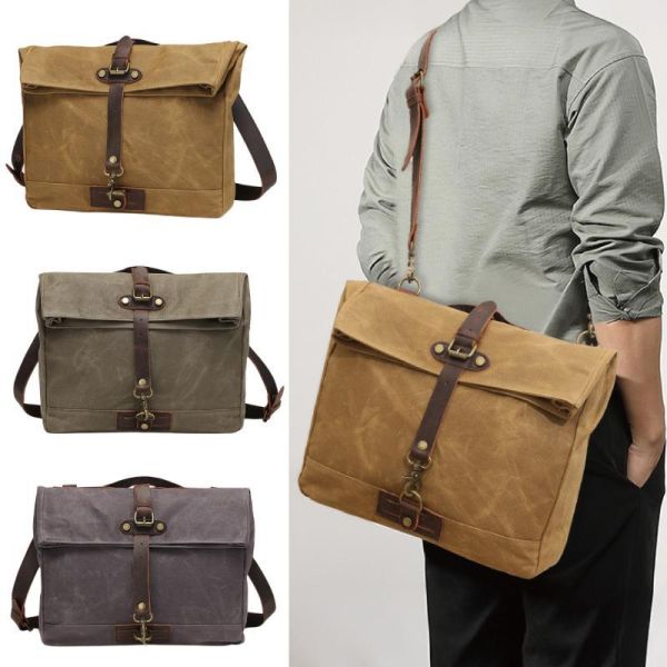 過蠟帆布配頭層瘋馬牛皮肩背包男包【CLB38】 