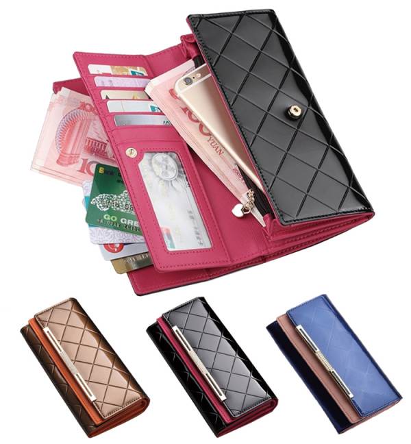 漆面牛皮菱格紋翻頁式長夾女夾【LH202】 