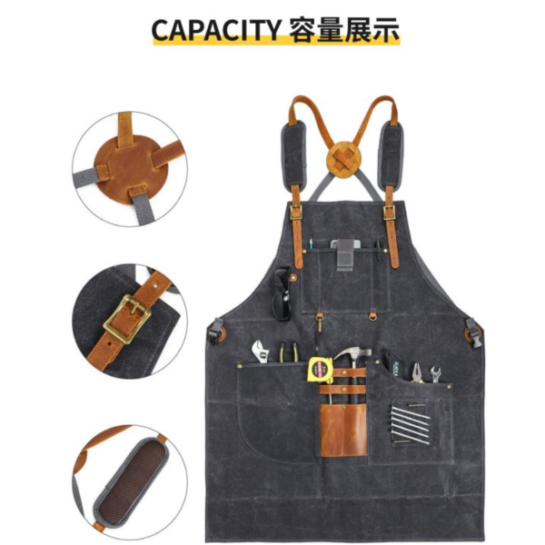過蠟帆布配頭層牛皮防潑水多口袋工作圍裙【LC14】 