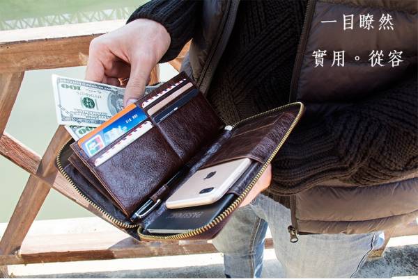 頭層牛皮7卡位全開式拉鍊長夾男夾【LH351】 