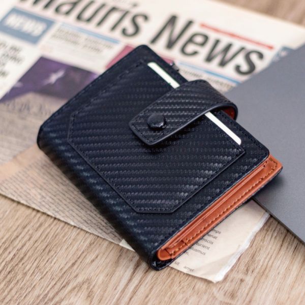 碳纖維牛皮翻頁式11卡位短夾男夾【LH976】 