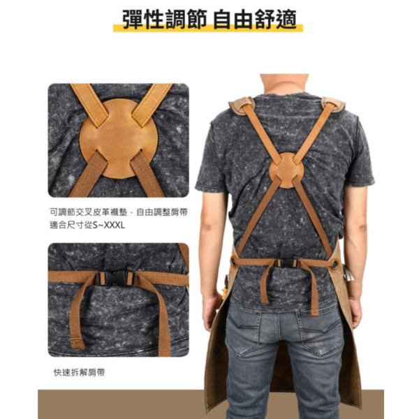 過蠟帆布配頭層牛皮防潑水多口袋工作圍裙【LC14】 