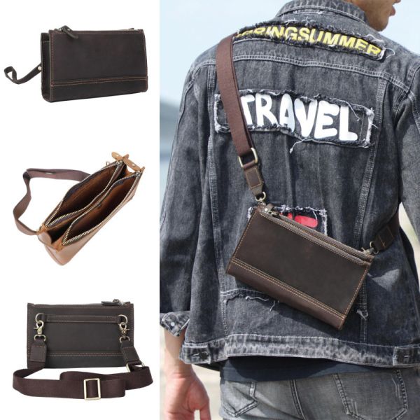 頭層瘋馬牛皮三隔層薄款肩背小包男包【LB1225】 