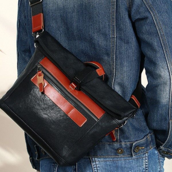 頭層植鞣牛皮撞色肩背包男包【LB1181】 