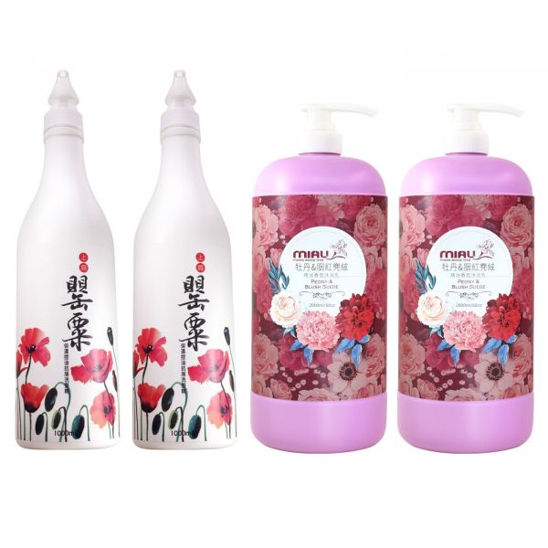 MIAU 精油香氛沐浴乳2000ml/歡樂智多星/強力推薦(英國梨小蒼蘭．玫瑰．牡丹與胭紅麂絨．杏桃花與蜂蜜)&MIAU上癮罌粟抗屑香氛洗髮精組合歡樂智多星/強力推薦 