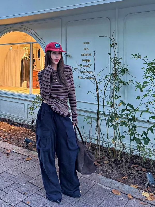 Fw322 秋季 條紋木耳邊上衣 