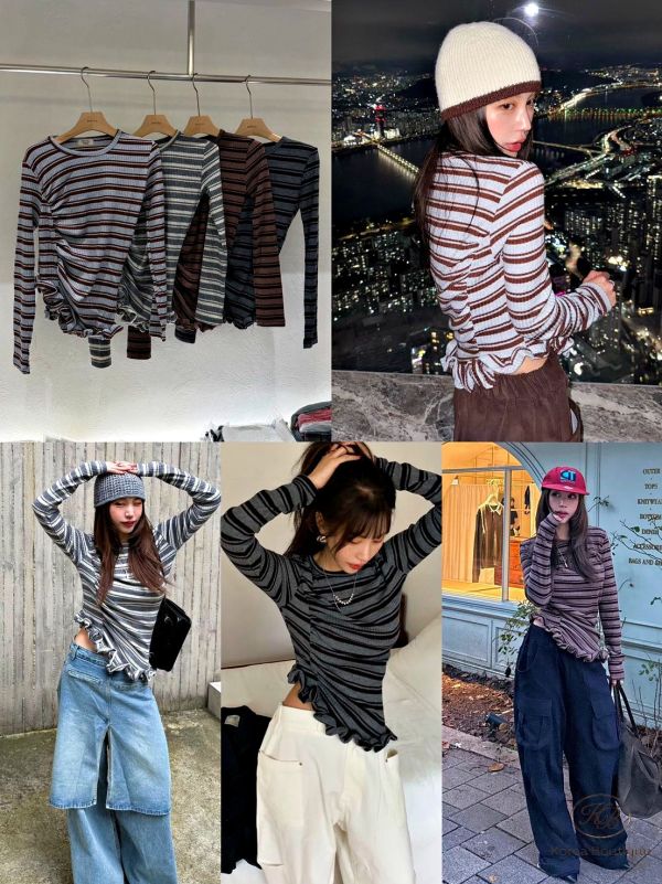 Fw322 秋季 條紋木耳邊上衣 