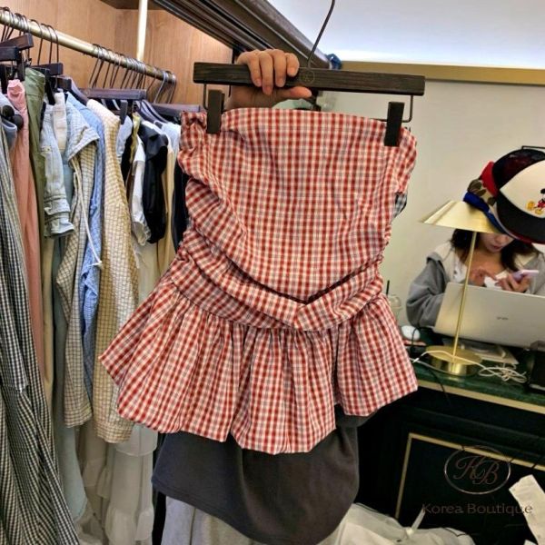 SS396 春季 平口格紋小洋裝上衣 