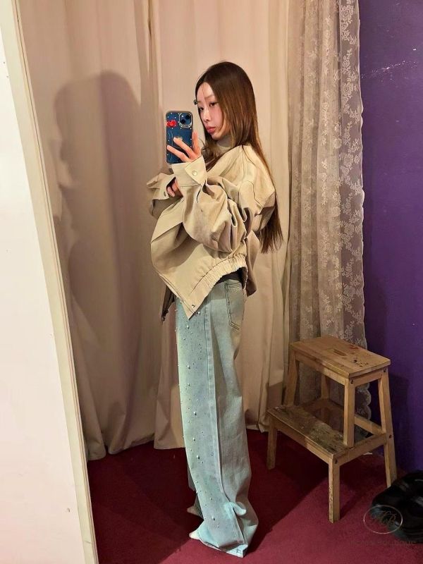 SS134 春季 珍珠春款直筒牛仔褲 