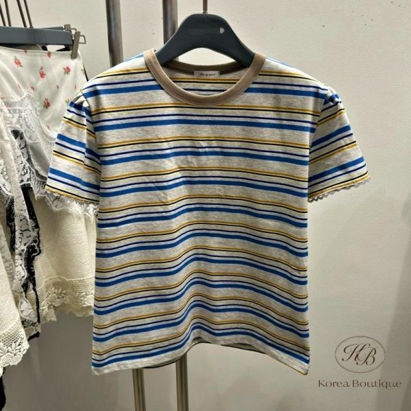 SS218 春季 袖口有花邊的條紋上衣 