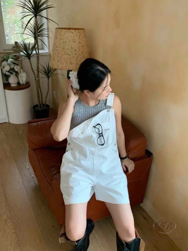 Kr93 夏裝 推推條紋可愛牛仔吊帶褲 