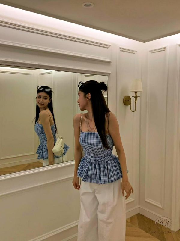 SS396 春季 平口格紋小洋裝上衣 