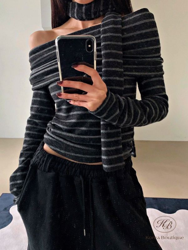 FWKR98 冬季 條紋平口上衣 附圍巾 