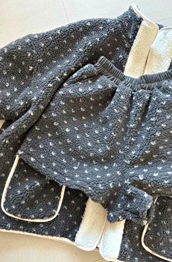 Fw489 冬季 可愛點點羊羔毛套裝 