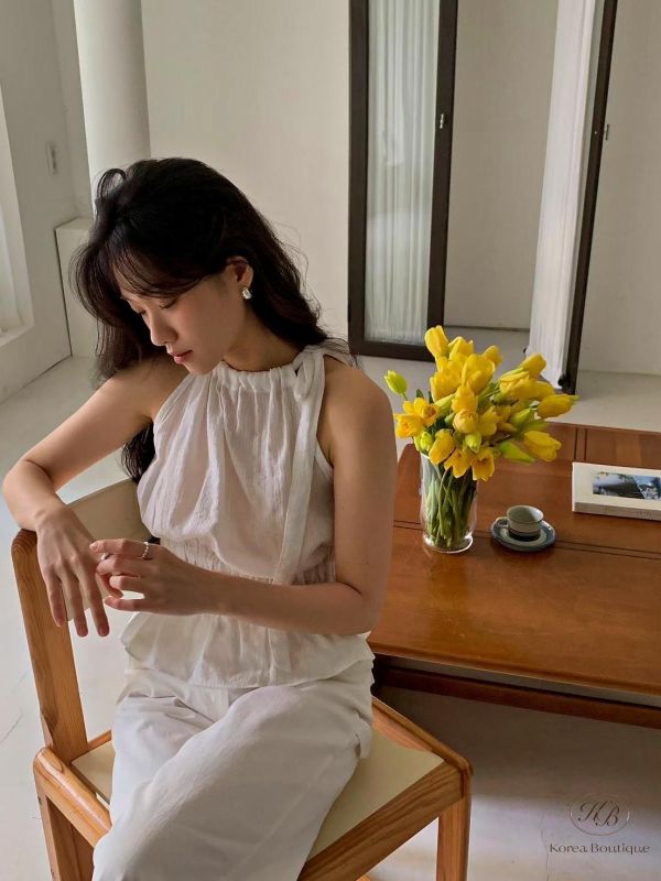 SS547 夏季 亞麻材質優雅的消肩背心 
