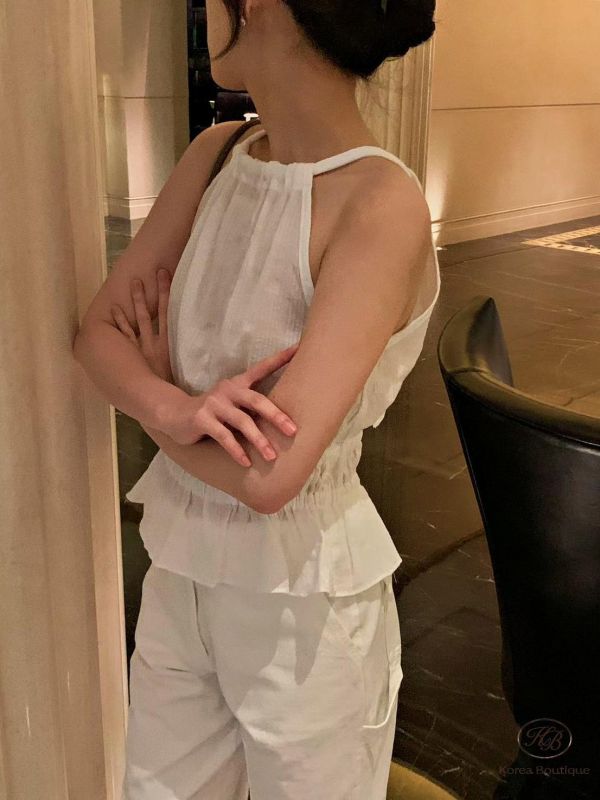 SS547 夏季 亞麻材質優雅的消肩背心 