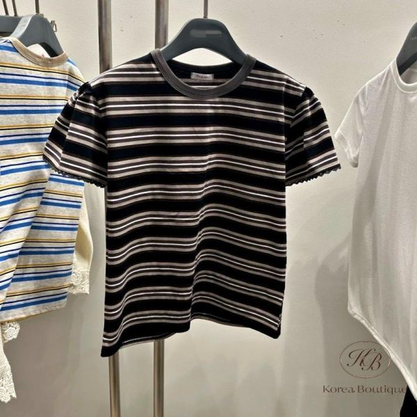 SS218 春季 袖口有花邊的條紋上衣 