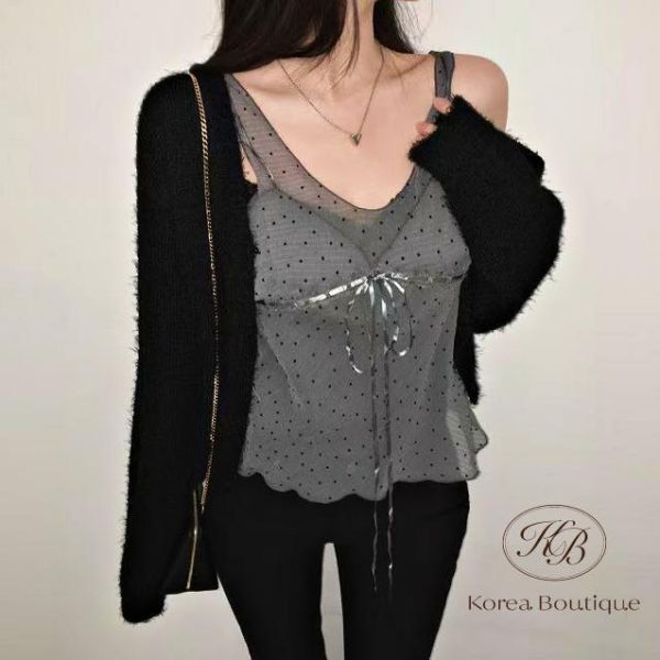 SS150 春季 有點可愛有點女人的薄紗點點上衣 