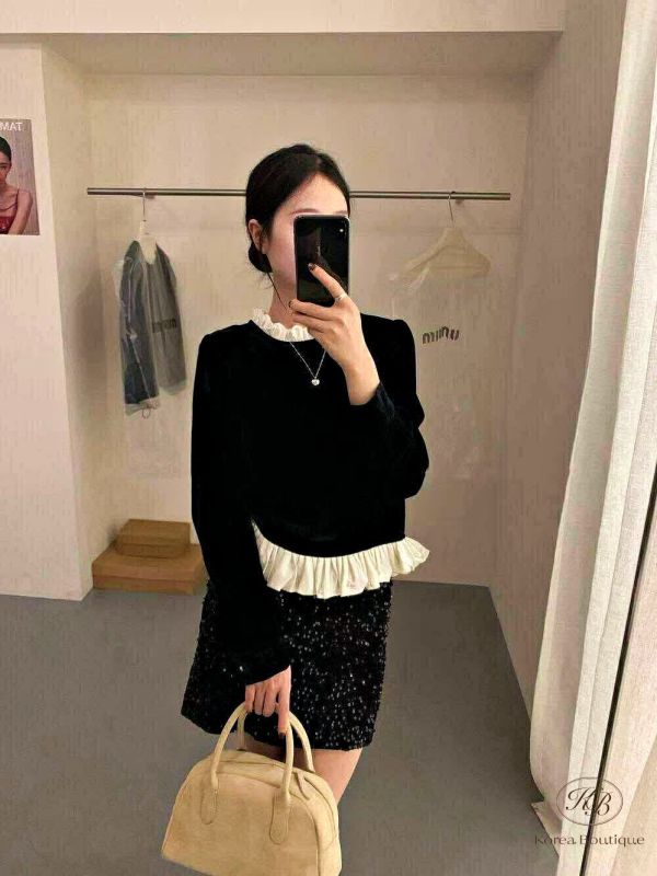 FWKR60 冬季 實體好美的天鵝絨上衣 下擺還有鑲上珍珠 