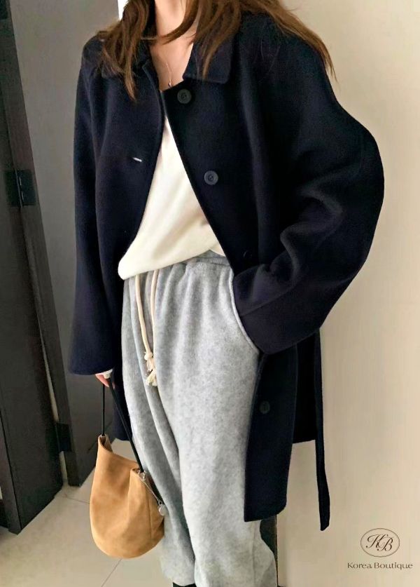 Fw357 秋季 柔和顏色的綁帶羊毛大衣 