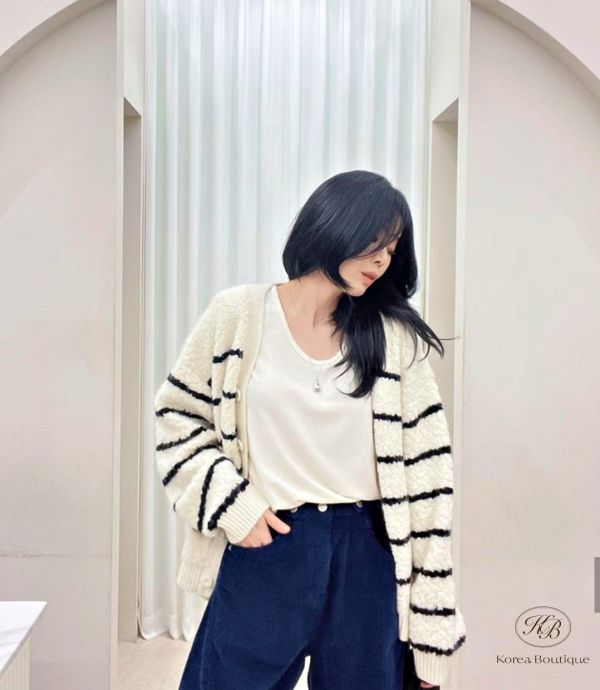 FWRK121 冬季 條紋毛毛長版開襟外套 