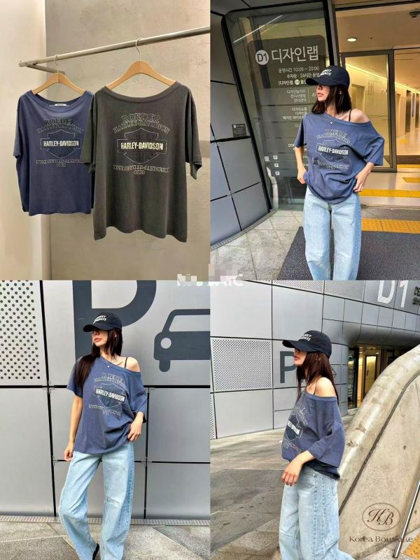 SS385 春季 水洗棉帥氣的標誌大領口tee 