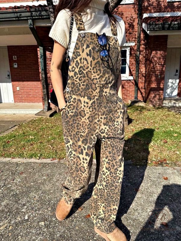 Fw485 冬季 豹紋吊帶褲 