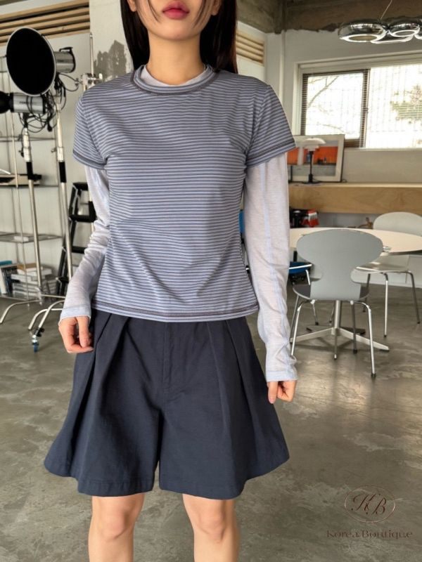 Kr86 夏裝 窄條紋彈性合身Tee 