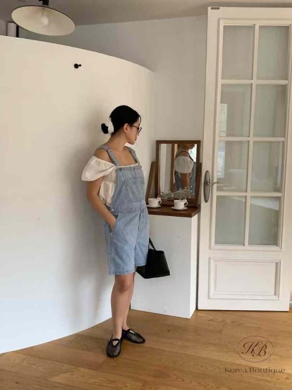 Kr93 夏裝 推推條紋可愛牛仔吊帶褲 