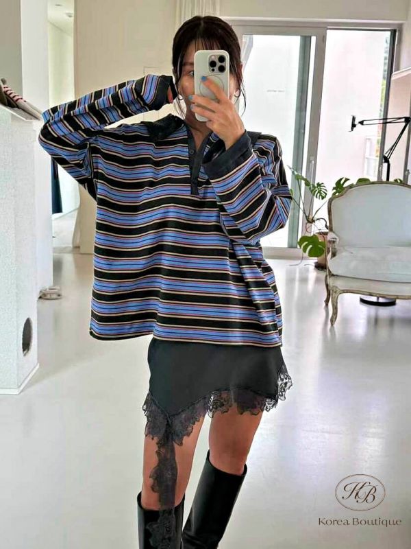 Fw427 冬季 針織領口條紋衫 