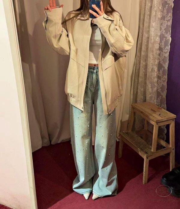 SS134 春季 珍珠春款直筒牛仔褲 