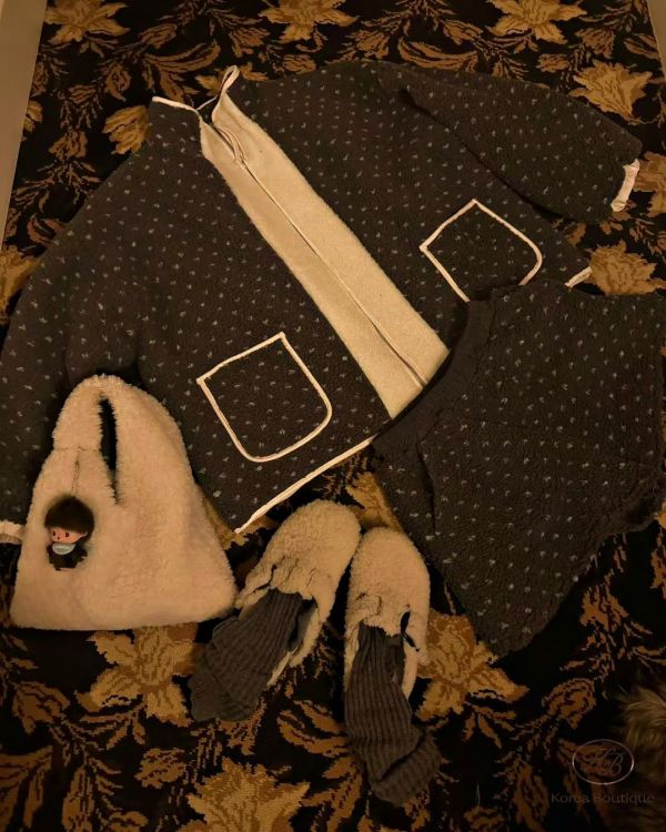 Fw489 冬季 可愛點點羊羔毛套裝 