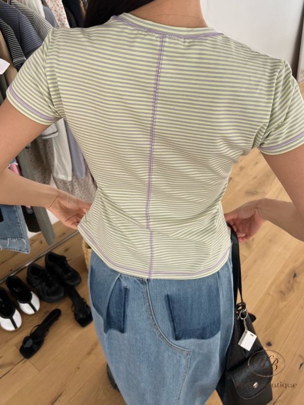 Kr86 夏裝 窄條紋彈性合身Tee 