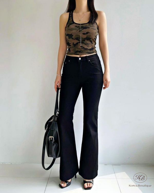 SS223 春季 涼感面料黑色喇叭褲 