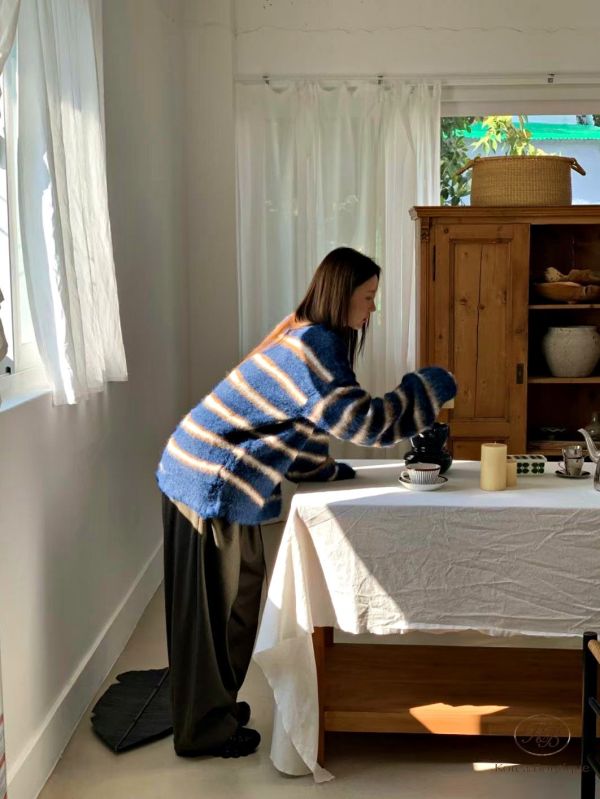 Fw460 冬季 長版馬海毛條紋毛衣 