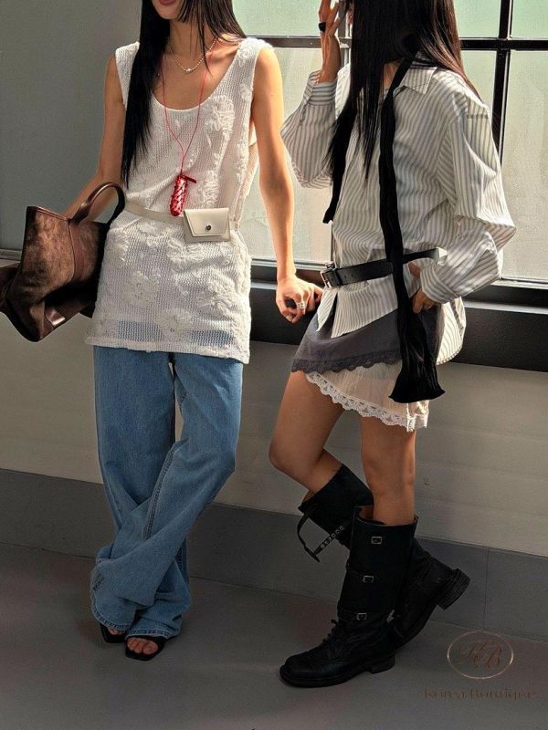 SS419 春季 刺繡花圖案鏤空長版背心 