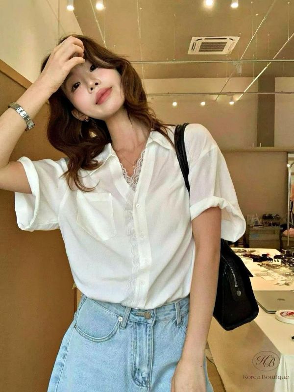 SS438 春季 蕾絲質感邊短袖襯衫 