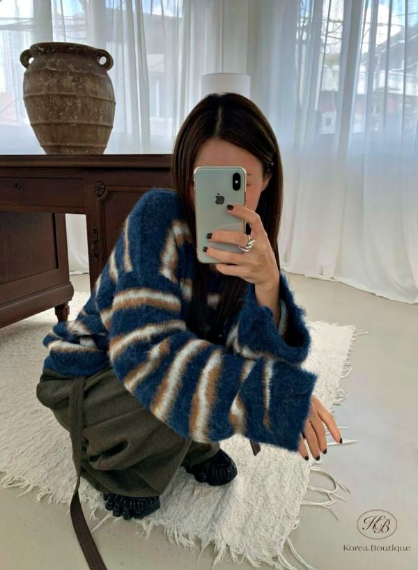 Fw460 冬季 長版馬海毛條紋毛衣 