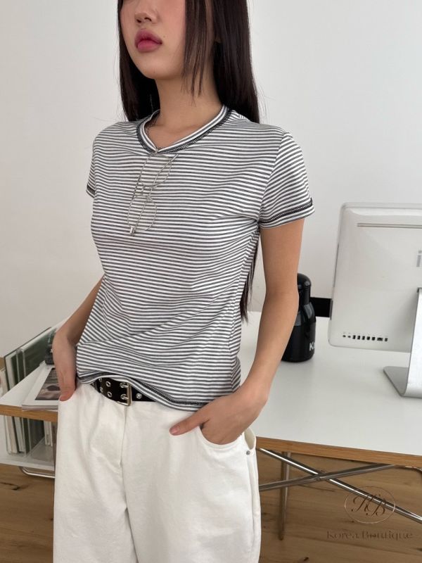 Kr86 夏裝 窄條紋彈性合身Tee 