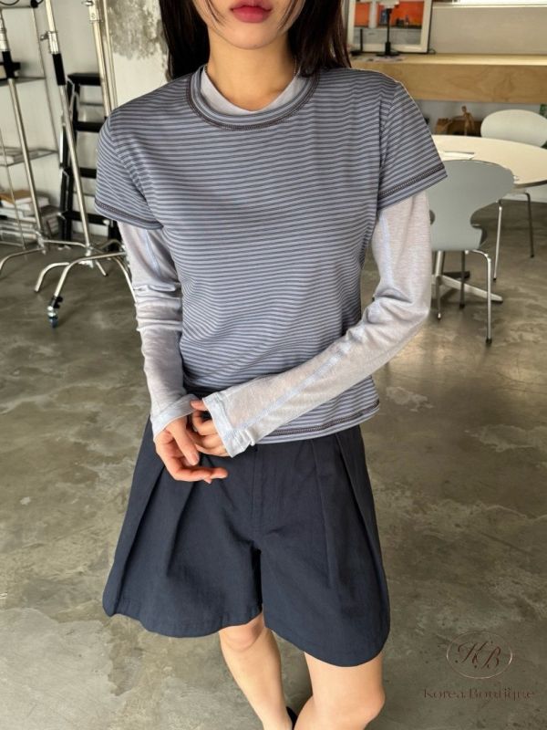 Kr86 夏裝 窄條紋彈性合身Tee 
