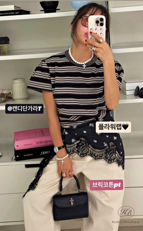 SS218 春季 袖口有花邊的條紋上衣 