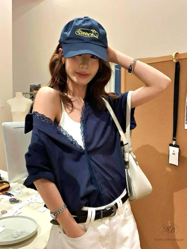 SS438 春季 蕾絲質感邊短袖襯衫 