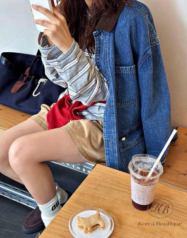 SS364 春季 撞色領口牛仔口袋外套 