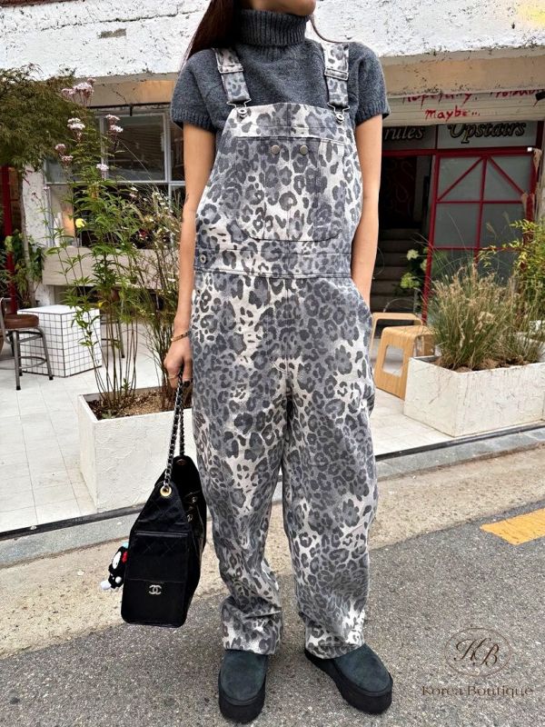 Fw485 冬季 豹紋吊帶褲 