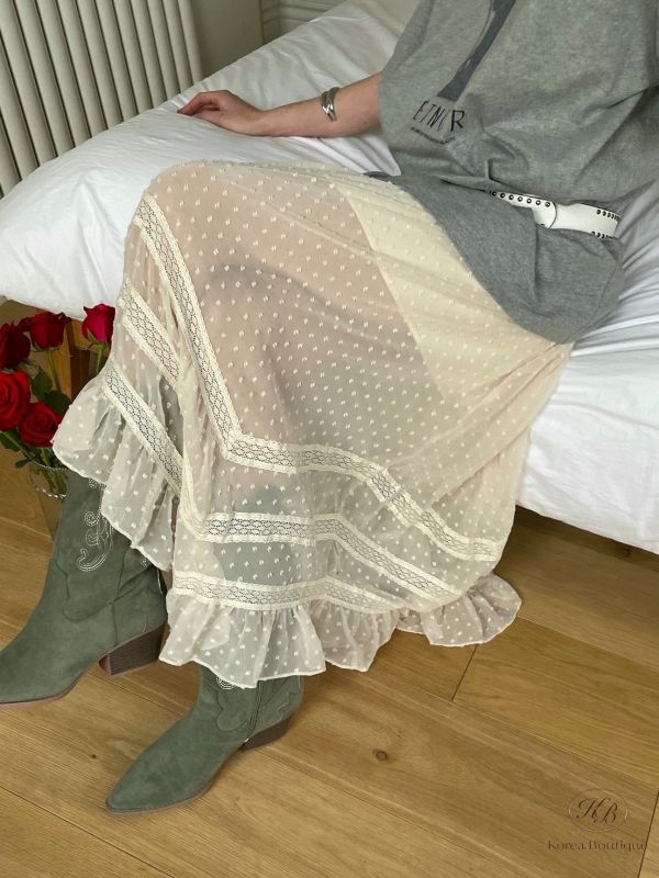 Spt01 春裝 蕾絲點點透紗長裙 