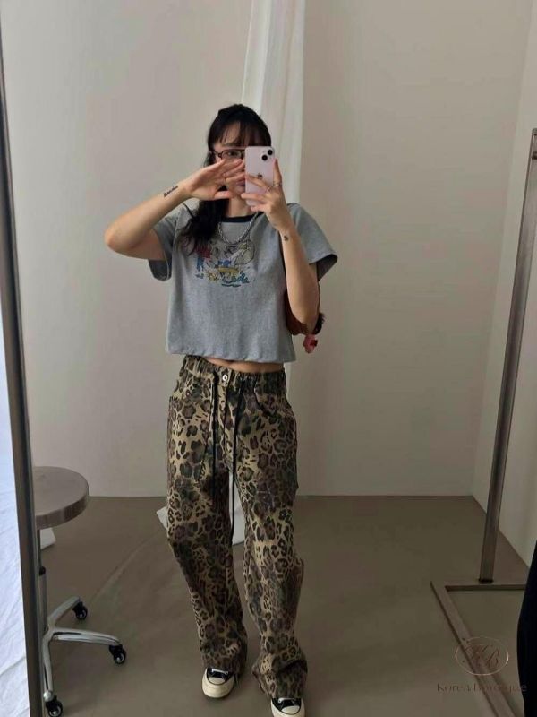 SS95 春季 豹紋後鬆緊長褲 