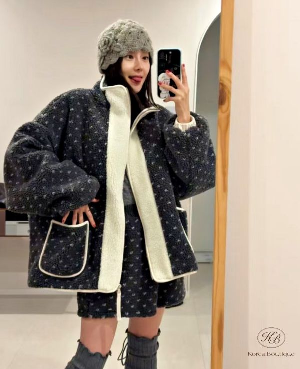 Fw489 冬季 可愛點點羊羔毛套裝 