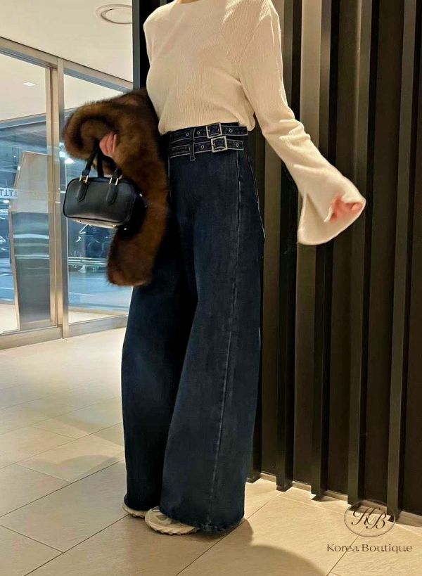 FWKR62 冬季 腰帶設計牛仔褲 加絨 