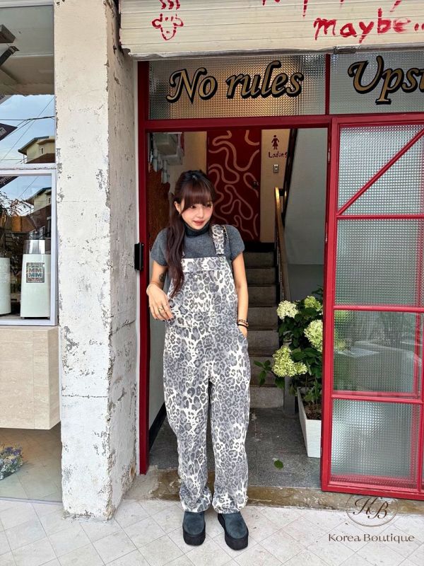 Fw485 冬季 豹紋吊帶褲 