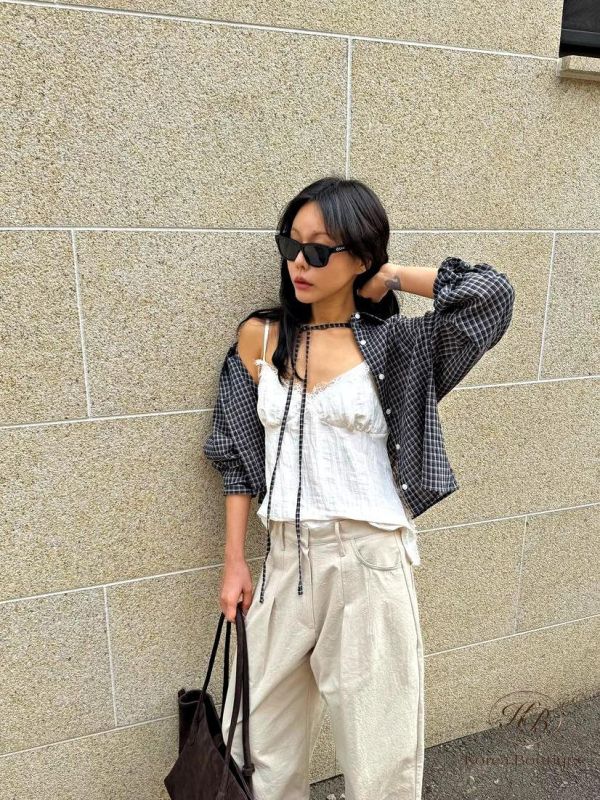 SS450 春季 綁帶設計格紋短襯衫 